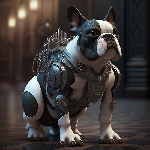 Black and white dog looking like a pug/bulldog with backpack and armor.