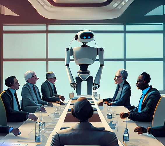 Very tall robot addressing confererence room business meeting
