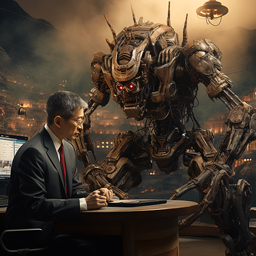 Senator Ted Leiu sitting at a table with a very large angry looking robot in an intimidating pose towering over him. (Losey prompted Midjourney image)