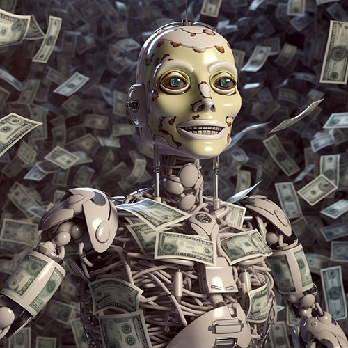 Delirious looking Robot android made of money with a money background (Losey prompted Midjourney image)