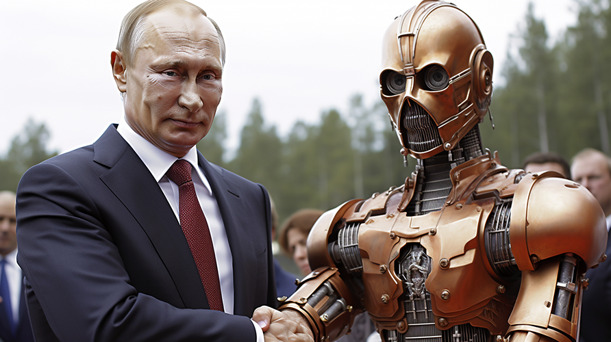 Putin in a death grip shaking hands with android.
