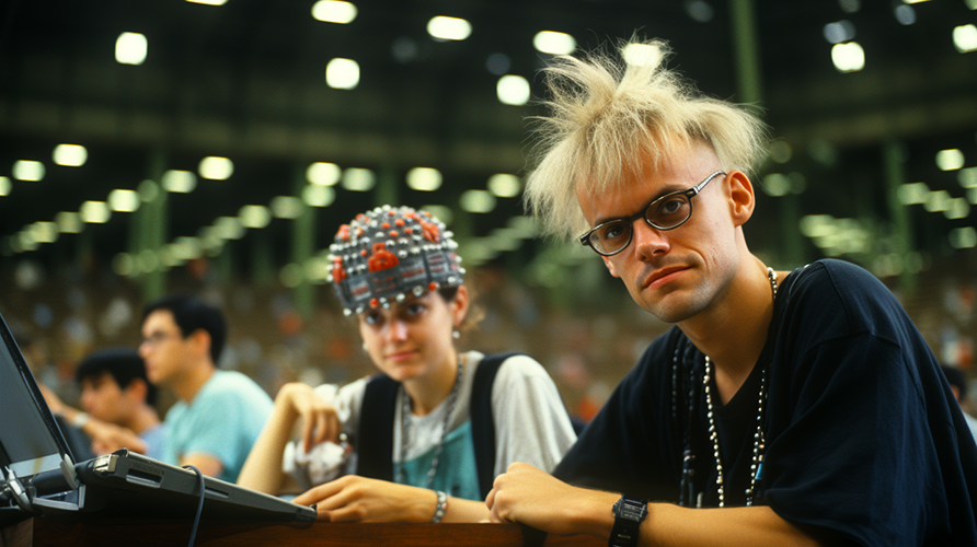 Foreground of young hacker with flyaway blond hair next to a young woman in a beaded skullcap.  Both hackers in room of hackers