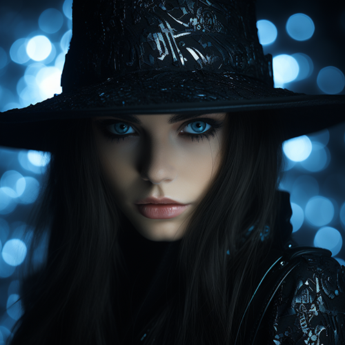 Younng, blue eyed black hair black hatt female hacker