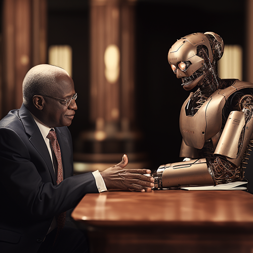 Justice Thomas across the table from a robot.