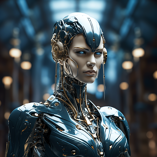 Intense, armored, female android.