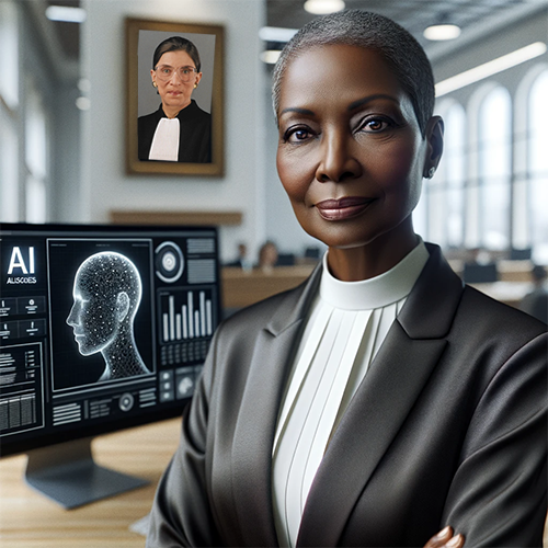 African American femaie judge in front of an AI computer and picture of RGB.