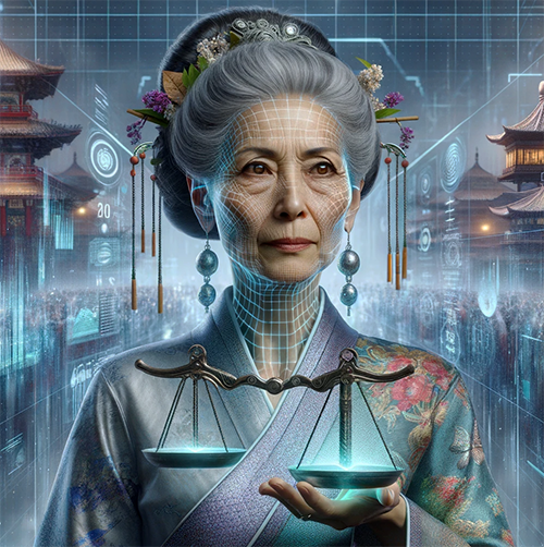 Older woman with earrings and a hat and a kimono, lady justice.