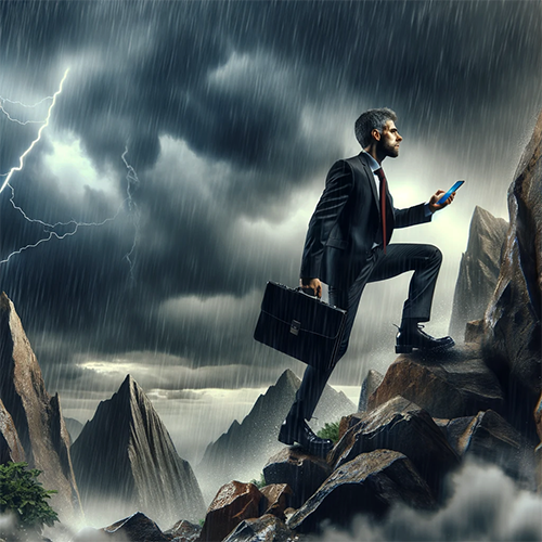 Man, in rainstorm, with briefcase climbing rocky mountain.