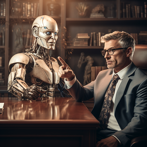 Seated attorney making a point to an android