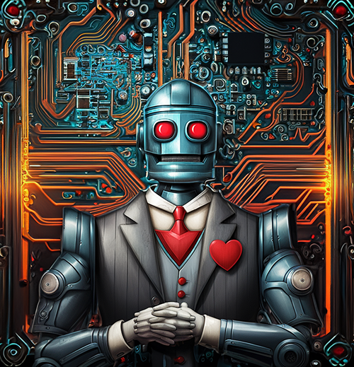 Robot with heart against  circuit board.