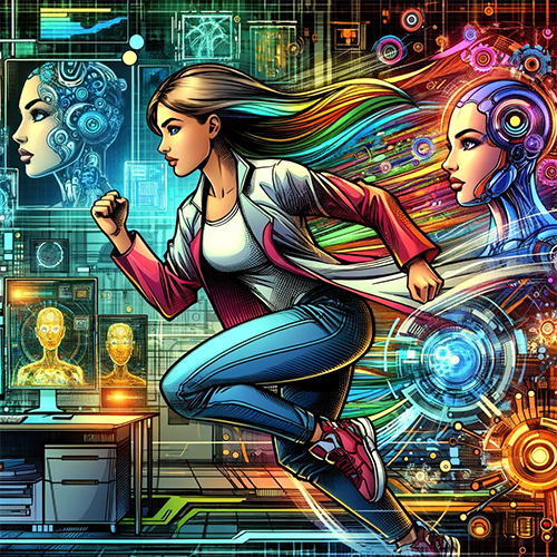 Young woman running in a high tech environment.