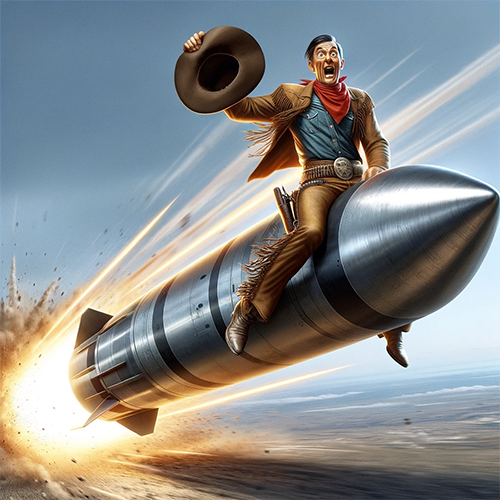Rodeo rider on a bullet rocket, hat in hand, open mouthed