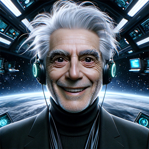 Sci fi image, man with headphones looking happy