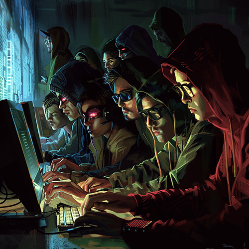 Six hackers with hands on keyboards in a dark room.