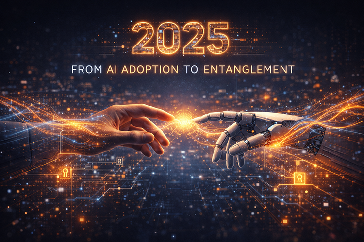 An artistic representation of a human hand reaching out to a robotic hand, signifying the concept of 'entanglement' in AI technology, with the year 2025 prominently displayed.