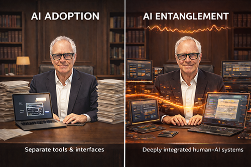 A split image illustrating two concepts: on the left, 'AI Adoption' showing an individual with traditional tools and paperwork; on the right, 'AI Entanglement' featuring the same individual surrounded by advanced technology and integrated AI systems.