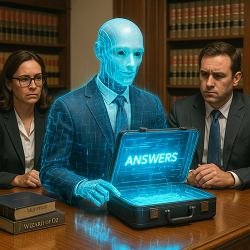 A holographic figure resembling a consultant sits at a table with two lawyers, one male and one female, who appear to be observing the figure's briefcase labeled 'ANSWERS.' Books are placed on the table.