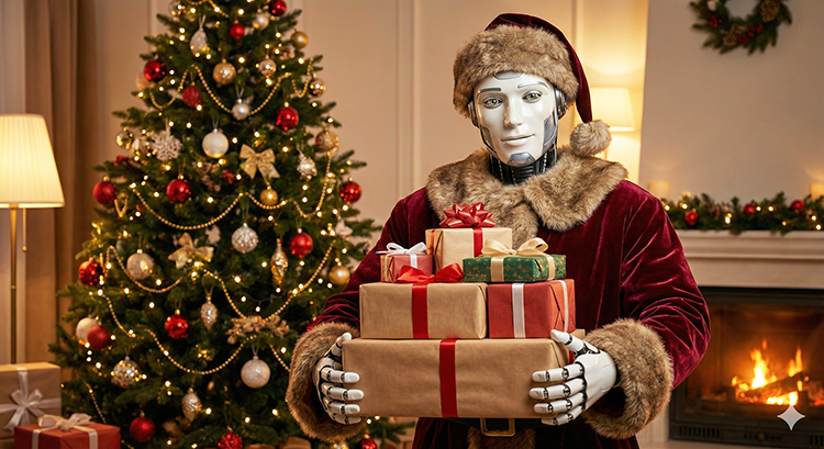 A humanoid robot dressed in a Santa outfit, holding a stack of colorful wrapped gifts in front of a decorated Christmas tree and fireplace.
