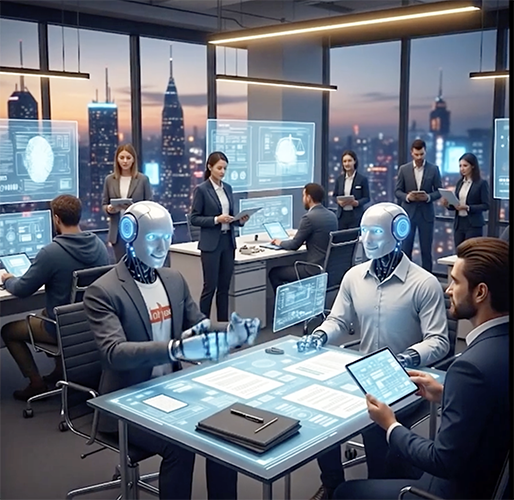 A futuristic office scene featuring humanoid robots and diverse professionals collaborating at high-tech desks, with digital displays in a skyline setting.