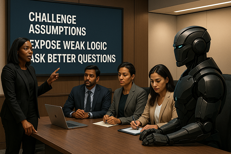 A professional meeting room with a diverse group of lawyers and a robot figure. The human leader gestures confidently while presenting. A screen behind them displays phrases like 'Challenge assumptions,' 'Expose weak logic,' and 'Ask better questions.'