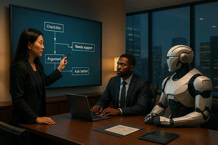 Business meeting involving a lawyer presenting to a man and a humanoid robot, with a digital presentation on a screen that includes flowchart-style prompts.