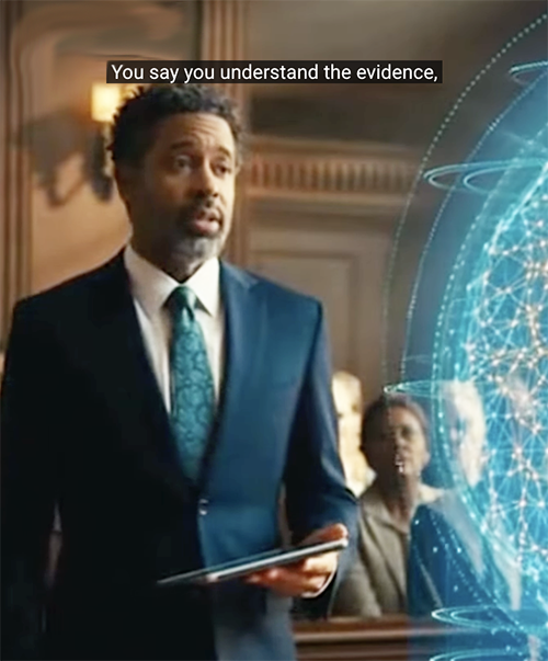 A man in a suit stands in a courtroom, holding a tablet and speaking confidently, with a holographic display of connected data points in the background.