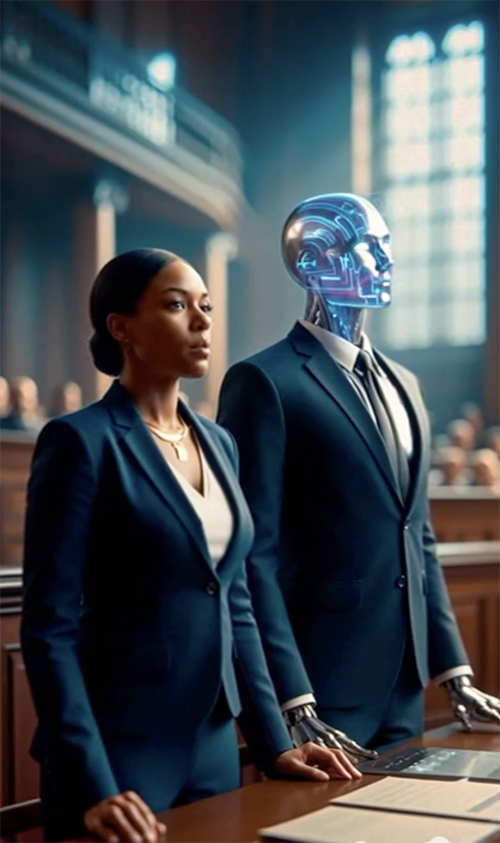 A lawyer and a humanoid robot stand together in a courtroom, representing a blend of human expertise and artificial intelligence in legal practice.