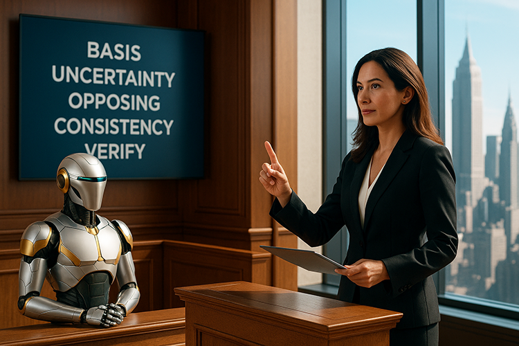 A woman in a business suit stands confidently in a courtroom-like setting, pointing with one finger while holding a tablet. Next to her is a humanoid robot. A large sign in the background displays the words 'BASIS', 'UNCERTAINTY', 'OPPOSING', 'CONSISTENCY', and 'VERIFY'. Sky-high view of city buildings is visible through the window.
