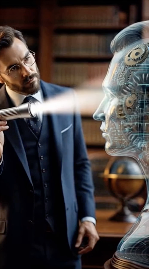 A lawyer in a suit examining a transparent, futuristic humanoid robot's head with a flashlight in a library setting.