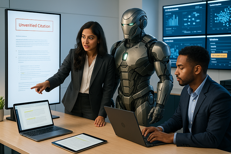 A business meeting in an office featuring a woman in a suit presenting to a robot resembling Iron Man, while a man in a suit sits at a laptop, with a display showing academic citations and data in the background.