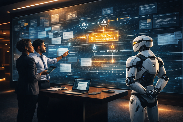 Two professionals interacting with a futuristic robot in an office setting, analyzing a digital display that highlights the concept of 'Inference Gap Needs Judgment' amidst various data points and inferences.