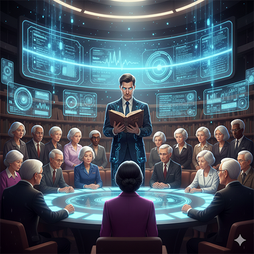 A futuristic meeting room with a diverse group of older individuals seated around a glowing table, while a man in a suit stands and reads from a book. Digital screens display various data and graphs in the background.