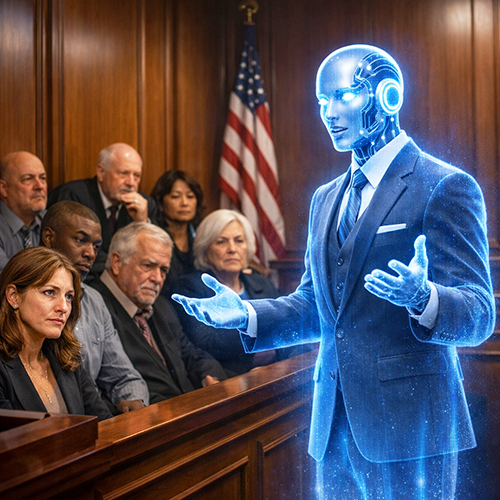 A futuristic robot hologram presenting in a courtroom, surrounded by an attentive jury and a judge, with an American flag in the background.