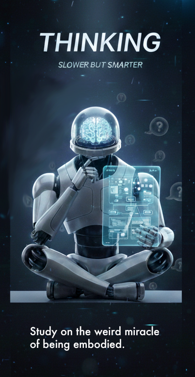 A humanoid robot sitting cross-legged, looking contemplative while holding a digital interface with complex diagrams. The background features floating question marks and a starry sky. Text at the top reads 'THINKING SLOWER BUT SMARTER' and at the bottom, 'Study on the weird miracle of being embodied.'