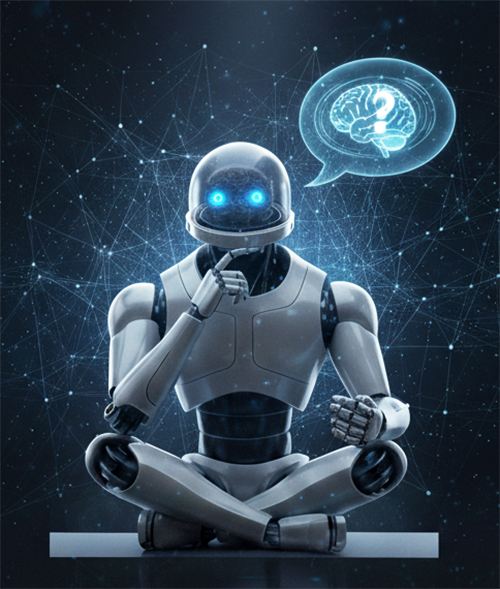 A humanoid robot sitting cross-legged, with glowing blue eyes, contemplating a question symbolized by a holographic brain in a thought bubble, against a dark network background.
