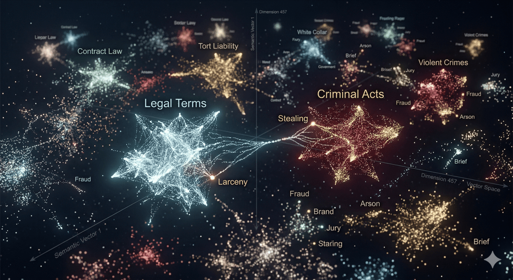 A visual representation of legal terms and criminal acts, featuring nodes and connections depicting concepts like larceny, fraud, contract law, and violent crimes.