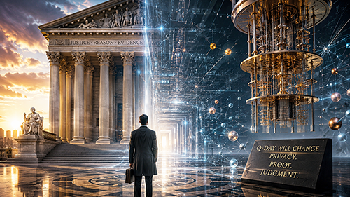 A man in formal attire stands in front of a grand building labeled 'Justice - Reason - Evidence', facing a futuristic scene featuring digital elements and a quantum device, with the inscription 'Q DAY WILL CHANGE PRIVACY. PROOF. JUDGMENT.'