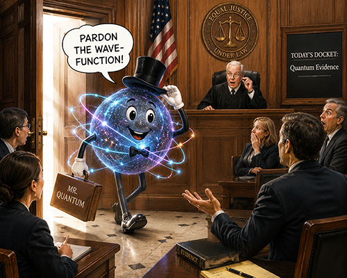 A cartoon character representing a quantum particle, Mr. Quantum, dressed in a top hat and suit, enters a courtroom, humorously addressing the audience with the phrase 'Pardon the wave-function.' Several surprised people are seated at a table, listening attentively, while a judge presides in the background.