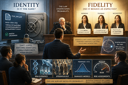 An infographic illustrating the concepts of identity and fidelity in a legal context, featuring a courtroom scene with a judge and professional witnesses. It includes sections highlighting DNA evidence, epidemiology, and risk assessments, emphasizing how the law relies on probability.