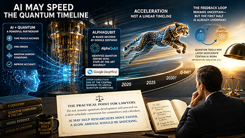Infographic illustrating the potential impact of AI on quantum computing timelines, featuring elements like a quantum computer, a panther representing acceleration, and a researcher analyzing data, along with text highlighting key points about error correction and research implications.