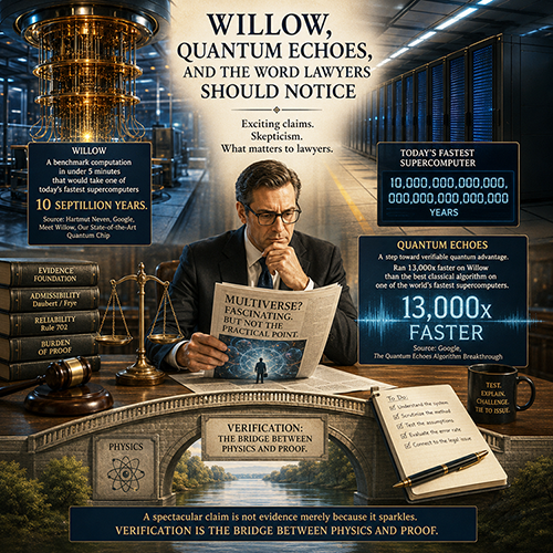 An infographic featuring a man in a suit sitting at a desk with legal symbols around him, discussing advanced concepts like Willow, quantum echoes, and supercomputing. The background includes a futuristic corridor and text highlights on technological advancements and legal implications.
