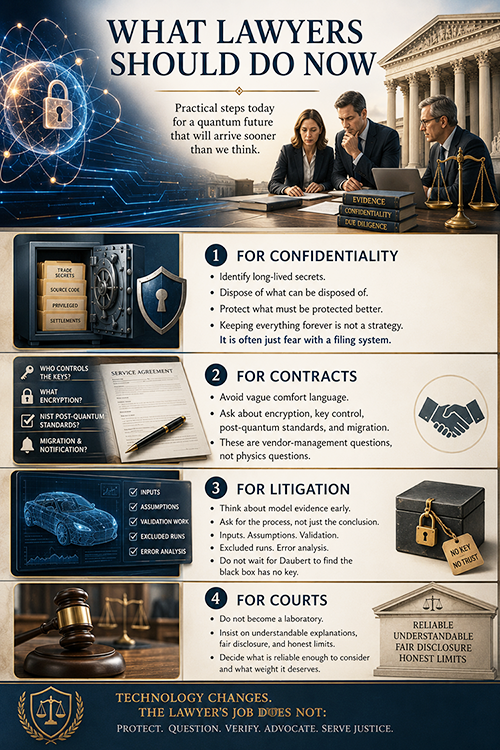 Infographic titled 'What Lawyers Should Do Now' outlining practical steps for lawyers regarding confidentiality, contracts, litigation, and court processes, with a backdrop of legal imagery.