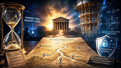 A visual representation of legal themes in a futuristic setting, featuring an hourglass, a quantum computer, and a map labeled 'The Legal Terrain Ahead', highlighting concepts like Cryptography, Privacy, Liability, and Post-Quantum Security.