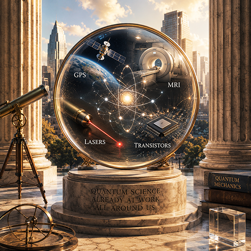 A glass dome showcasing quantum science applications, including GPS, MRI technology, lasers, and transistors, with a scenic city backdrop and a classic telescope in the foreground.
