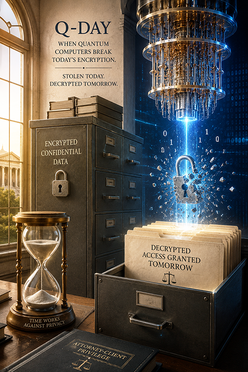 A futuristic setting depicting the concept of 'Q-Day', where quantum computers break encryption. It features a lock being illuminated by a blue beam, symbolizing decryption. In the foreground, an hourglass and metal filing cabinets labeled 'Encrypted Confidential Data' and 'Decrypted Access Granted Tomorrow' highlight themes of time and privacy.
