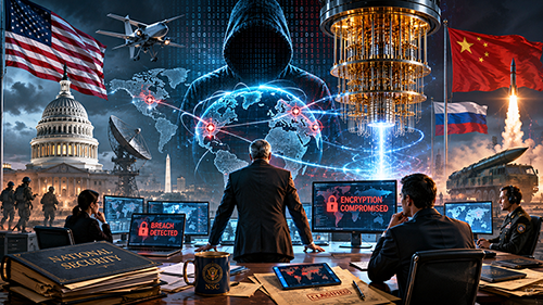 A group of officials monitoring cybersecurity threats in a high-tech control room, with flags of the USA, China, and Russia in the background, and screens displaying alerts about data breaches and compromised encryption.