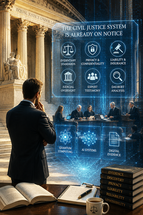 A man in a suit stands in a courthouse, gazing at a digital display with icons representing various aspects of the civil justice system, including privacy, liability, and digital evidence. In the background, a group of legal professionals is seated at a table, engaged in discussion.