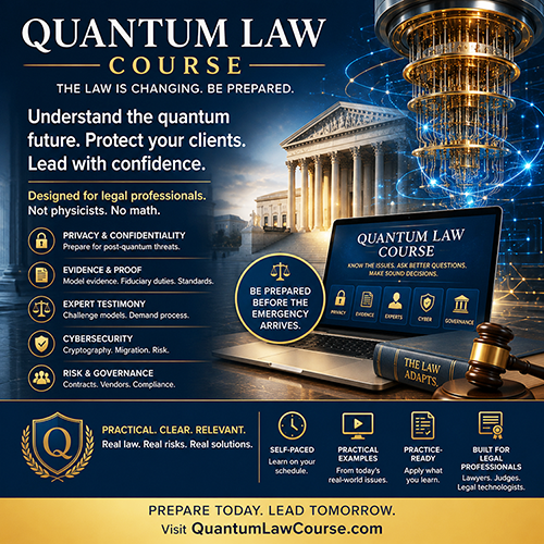 Promotional graphic for the 'Quantum Law Course', highlighting the course's focus on quantum future, legal practice, and client protection. Features sections on privacy, evidence, cybersecurity, and risk governance, designed for legal professionals. Includes a call to action to prepare for upcoming changes.
