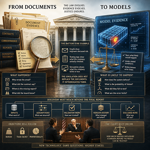 Infographic illustrating the transition from traditional documents to model evidence in legal processes, featuring sections on document evidence, modeling examples, discovery requirements, and court decision-making.