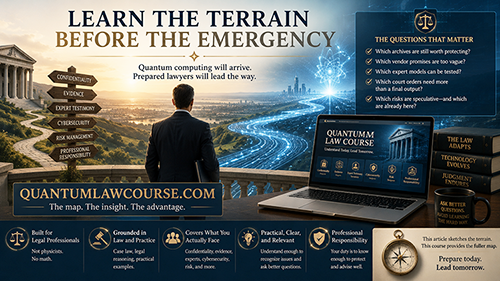 A promotional graphic for a law course titled 'Quantum Law Course', featuring a scenic landscape with a lawyer standing in the foreground. The image includes text that emphasizes the importance of preparation and knowledge in legal practice, with a laptop displaying the course website and various law books in the background.